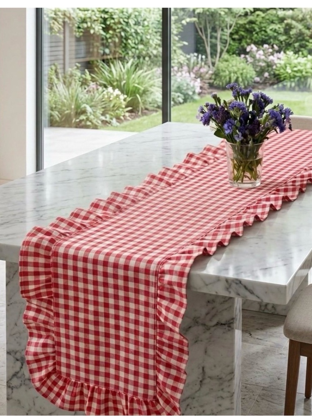 Red Gingham Ruffled Table Runner - Unbranded